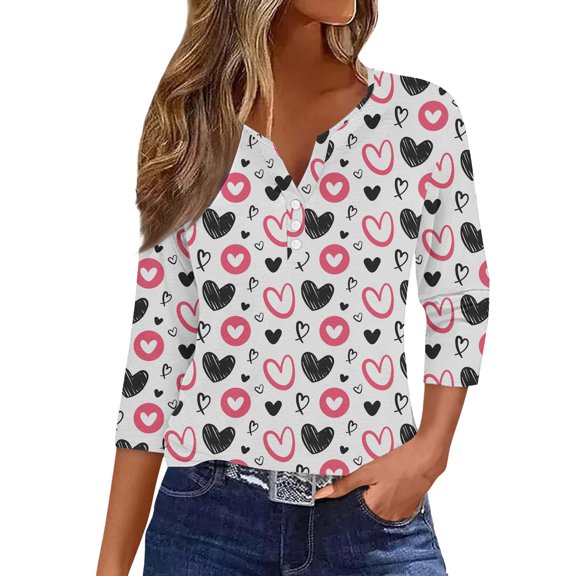 Valentine T Shirts for Women Comfy Tee Valentine T Shirts Casual Henley Neck Plus Size Shirt With Button Red Valentine's Tops Summer 3/4 Sleeve Blouses Buttons Henley Shirts V Neck T-Shirts S-3Xl