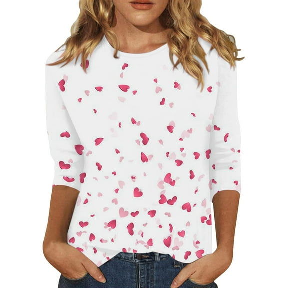 Valentine T Shirts for Women Cute Love Heart Print Graphic Tee Henley Crew Neck Tunic Tops 3/4 Length Sleeve Tops Button Down Tops Red Valentine's Tops Graphic Sweatshirts for Women Comfy Tee S-2Xl