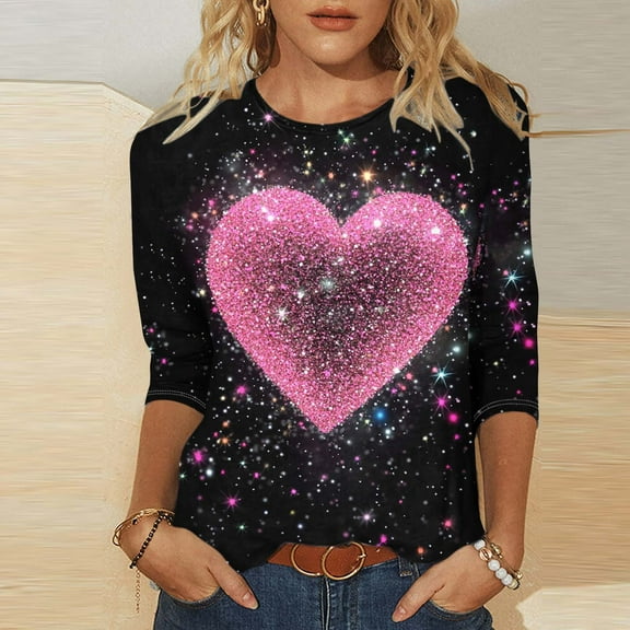 Valentine T Shirts, Women Heart Tees, Womens 3/4 Sleeve Tops Casual Fashion Women's Casual Crewneck 3/4 Sleeved Tees Ladies Loose T Shirt Tops Blouses Shirts