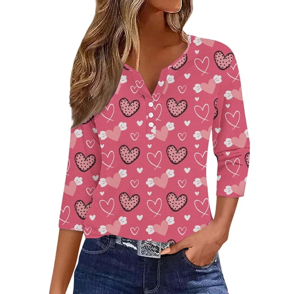Valentine T Shirts for Women Valentines Outfits 3/4 Length Sleeve Tops Button Down Tops Henley V Neck Tunic Tops Casual Henley Neck Plus Size Shirt With Button Workout Shirts Comfy Tee S-3Xl