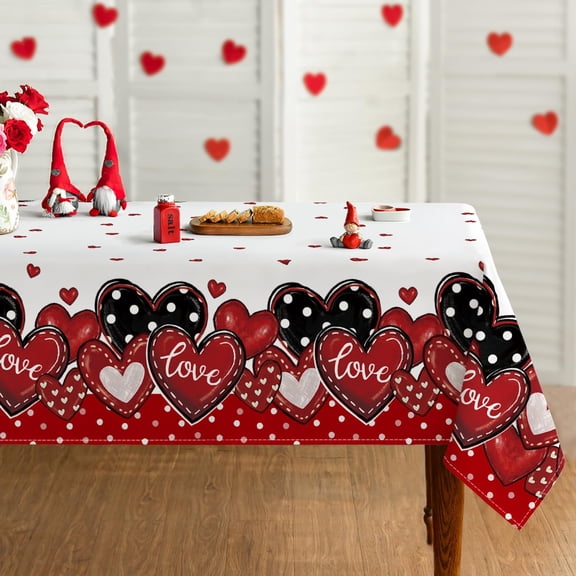 Valentine Tablecloth 60×104 Inch Rectangular, Red Black Polka Dot Hearts Washable Table Cover for Party Picnic Dinner Decor
