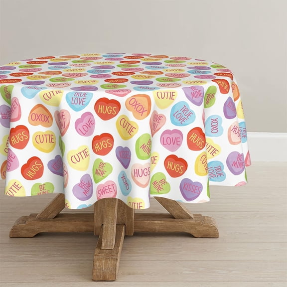 Valentine Tablecloth 60×60 Inch Round, Candy Colored Love Hearts with Words Washable Table Cover for Party Picnic Dinner Decor