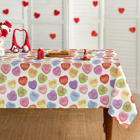 Valentine Tablecloth 60×60 Inch Square, Candy Colored Love Hearts with Words Washable Table Cover for Party Picnic Dinner Decor