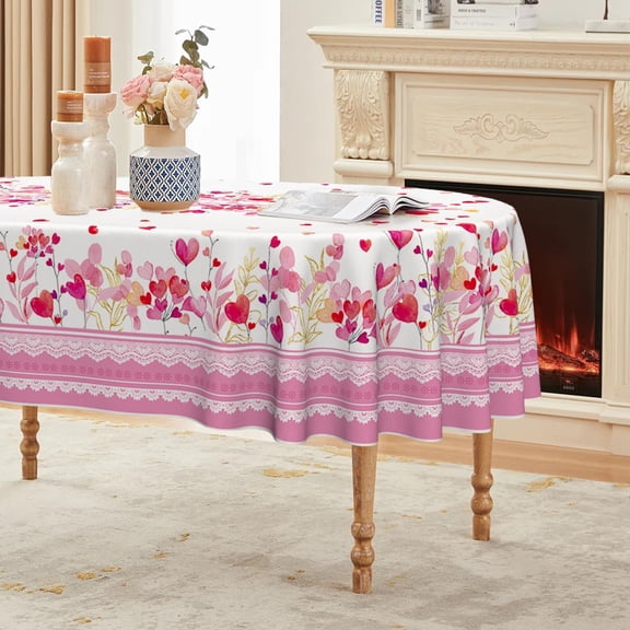 Valentine Tablecloth 60×84 Inch Oval, Pink Love Plants Washable Table Cover for Party Picnic Dinner Decor