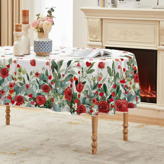 Valentine Tablecloth 60×84 Inch Oval, Rose Flower Butterfly Red Hearts Washable Table Cover for Party Picnic Dinner Decor