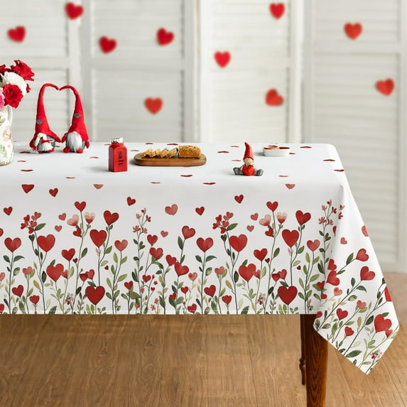 Valentine Tablecloth 60×84 Inch Rectangular, Red Hearts Green Plants Washable Table Cover for Party Picnic Dinner Decor