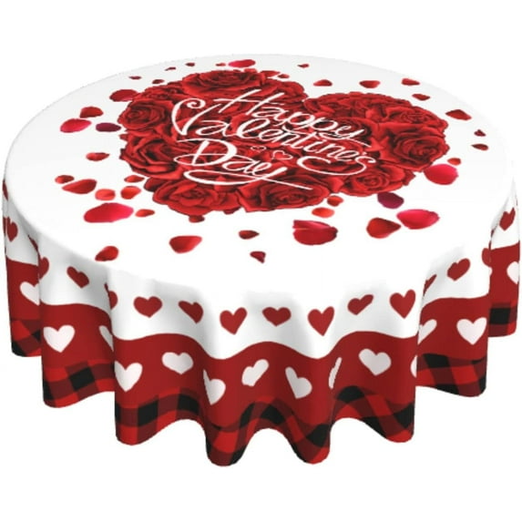 Valentine Tablecloth 60 Inch Round Valentine''s Day Red Rose Heart Buffalo Plaid Tablecloths Washable Tablecloth for Party Holiday Kitchen Dining Room Indoor Outdoor Decoration