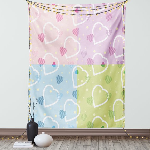 Valentine Tapestry, Big Little Heart Motifs on Colorful Background with Dots Cute Romance Love Theme, Wall Hanging for Bedroom Living Room Dorm Decor, 40W X 60L Inches, Multicolor, by Ambesonne