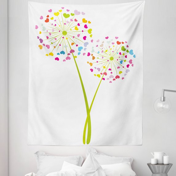 Valentine Tapestry, Spring Dandelion Flower with Heart Shaped Colorful Petals Romance Valentines Design, Fabric Wall Hanging Decor for Bedroom Living Room Dorm, 5 Sizes, Multicolor, by Ambesonne