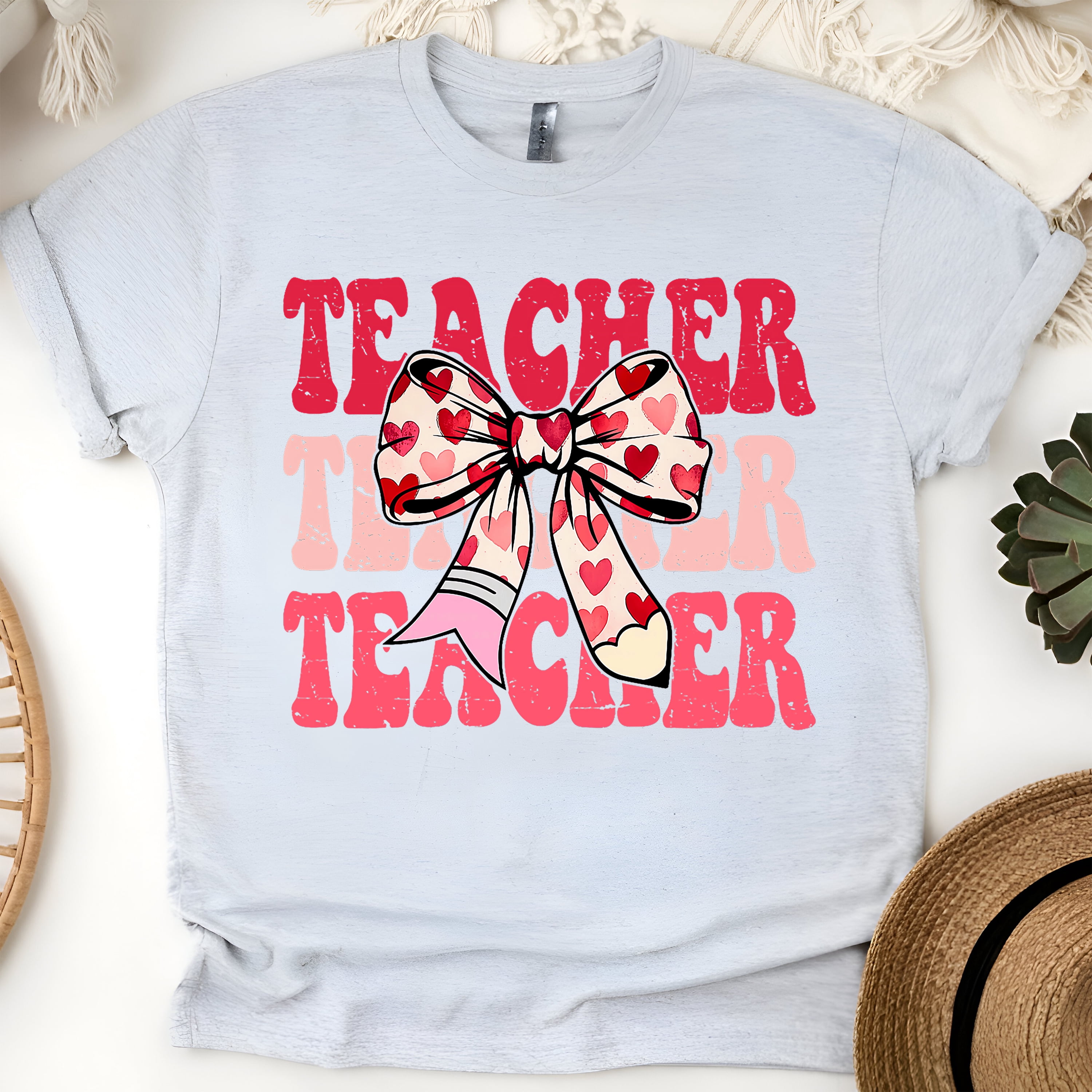 Valentine Teacher Shirt Heart Bow Pencil Design for School, Ash,