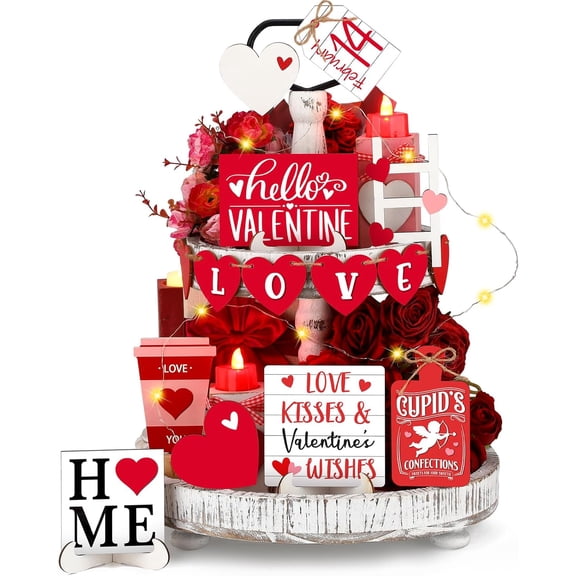 Valentine Tiered Tray Decor Set, Wooden Heart Signs & Conversation Heart Accents, Farmhouse Valentine’s Day Table Decorations for Kitchen Counter, Dining Table, Shelf, Rustic Home Decor