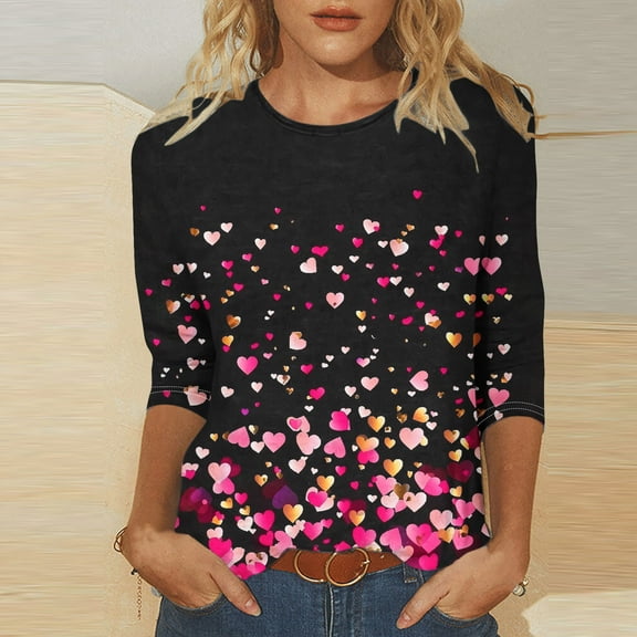 Valentine Top, Womens Heart T Shirt, 3/4 Sleeve Tee for Women Women's Fashion Tees Casual Crewneck 3/4 Sleeved Loose T Shirt Ladies Tops Blouse Shirts