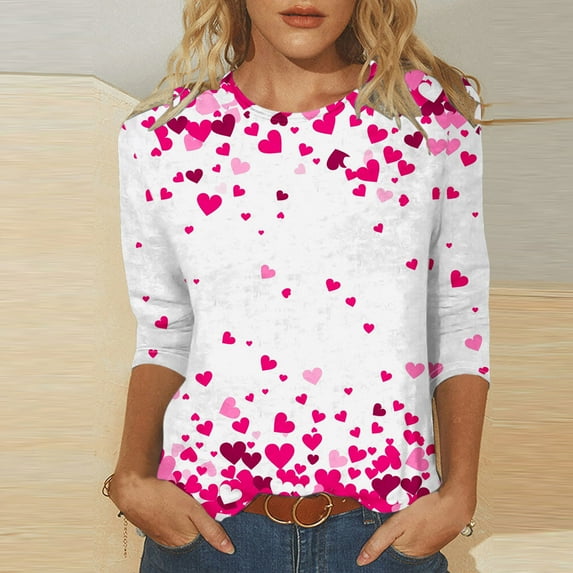 Valentine Top, Womens Heart T Shirt, 3/4 Sleeve Tee for Women Women's Fashion Tees Casual Crewneck 3/4 Sleeved Loose T Shirt Ladies Tops Blouse Shirts
