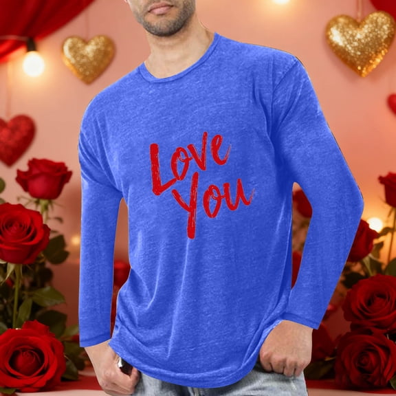 Valentine Tops For Men Crewneck Long Sleeve Heart Graphic Print Pullover Casual Comfy Fitness Home wear (XXL, Blue-C)