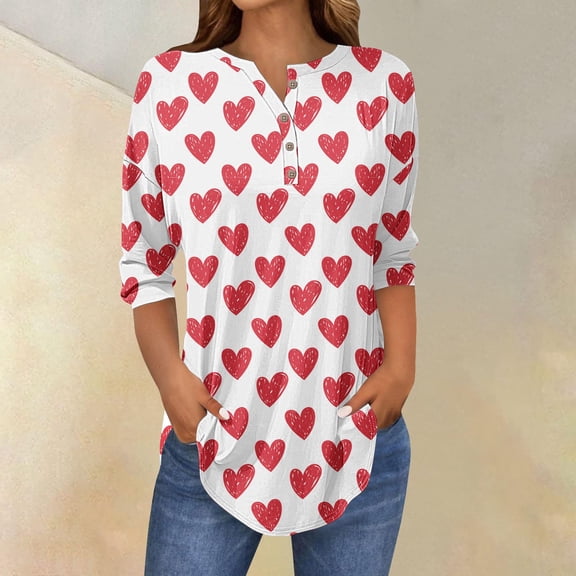 Valentine Tops for Women 2026 Henley V Neck 3/4 Sleeve Tunic Shirts Side Slit Curvy Hem Button Down Henley Blouses Graphic Tees,3/4 Sleeve Tops for Women Pink Shirts Three Quarter Sleeve Fall Tee