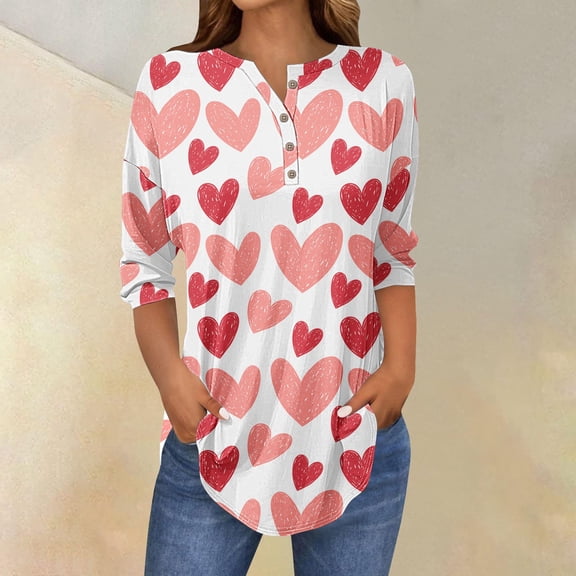 Valentine Tops for Women 2026 Henley V Neck 3/4 Sleeve Tunic Shirts Side Slit Curvy Hem Button Down Henley Blouses Graphic Tees,3/4 Sleeve Tops for Women Pink Shirts Three Quarter Sleeve Fall Tee