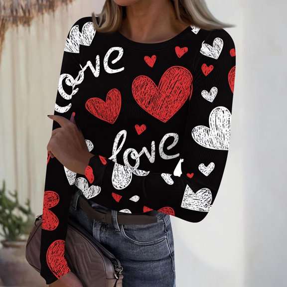 Valentine Tops for Women Long Sleeve Top Crewneck Going Out Tee Heart Graphic Undershirt