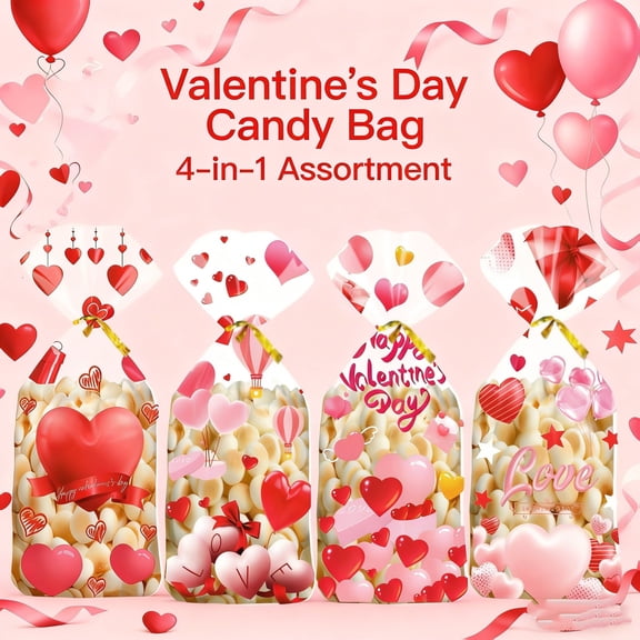 Valentine Treat Bags, 50 Pcs Valentines Cellophane Bags, Plastic Clear Red Valentine Candy Cookie Gift Goodie Snack Bag with 50 Pcs Twist Ties, Suitable for Valentines Wedding Party Favor Supplies