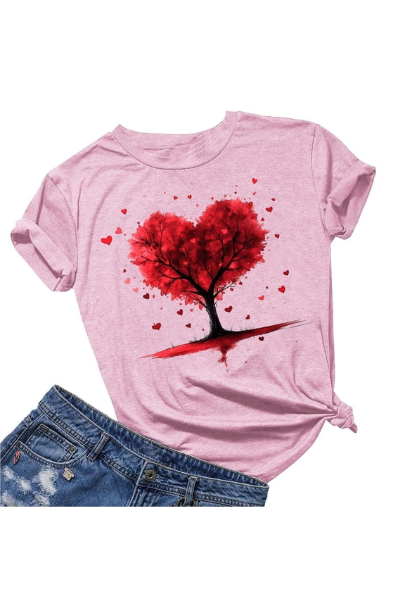 Valentine Tshirt for Women, Rose Print Graphic Tee, Women's Short Sleeve T Shirts Women's Lover Love Printed T-Shirt Round Neck Short Sleeved Top Blouse