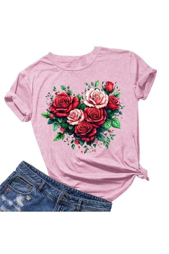Valentine Tshirt for Women, Rose Print Graphic Tee, Women's Short Sleeve T Shirts Women's Lover Love Printed T-Shirt Round Neck Short Sleeved Top Blouse