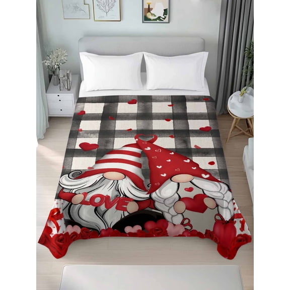 Valentine, Twim XL Size Flat Sheet, Wrinkleproof & Fadeproof Cooling Flat Bed Sheet Only, Buffalo Plaid Gnomes Love Valentine's Day Breathable Soft Bedding Top Sheets 66 x 102 Inches