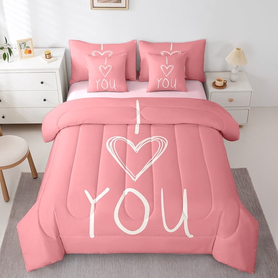 Valentine Twin Size Comforter Set 7 Pcs Pink White Bedding Sets Teens I Love You Quilt Romantic Couple Duvet Insert Heart Pattern Bedding Soft Warm Top Sheet