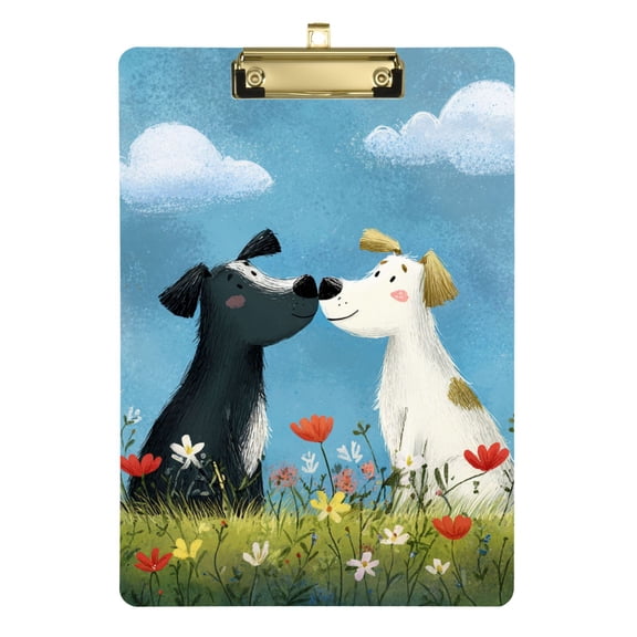 Valentine Two Cute Dogs Kiss Cartoon Vector Acrylic Clipboard Drawing Board with Hook Writing Pad File Storage A4 Size Gold 12.5" x 9"
