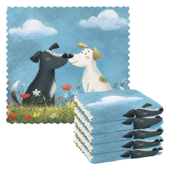 Valentine Two Cute Dogs Kiss Cartoon Vector Dish Cloths Dish Towels Cleaning Cloths Quick Drying Reusable 11" x 11" Set of 6