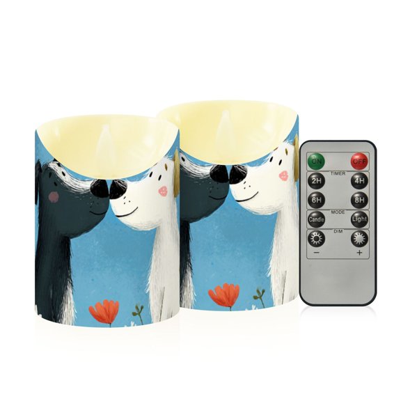 Valentine Two Cute Dogs Kiss Cartoon Vector Flickering Flameless Candles with Remote Timer Battery Operated LED Tealight Set of 2 S