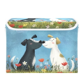 Valentine Two Cute Dogs Kiss Cartoon Vector Foldable Storage Bins with Lids Handles Collapsible Storage Containers Tote Boxes 16.5 x 12.6 x 11.8 inches
