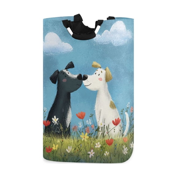 Valentine Two Cute Dogs Kiss Cartoon Vector Laundry Basket with Handles Foldable Laundry Hamper Freestanding Washing Bin 50L