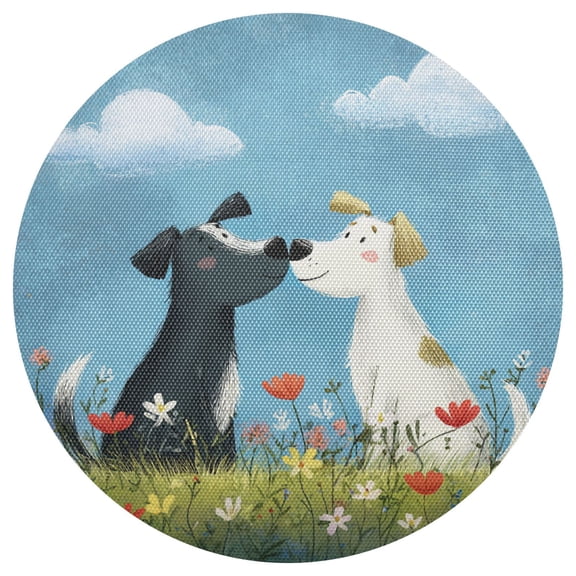 Valentine Two Cute Dogs Kiss Cartoon Vector PVC Round Grid Placemat Table Mat 1 Pc 15.4" x 15.4"