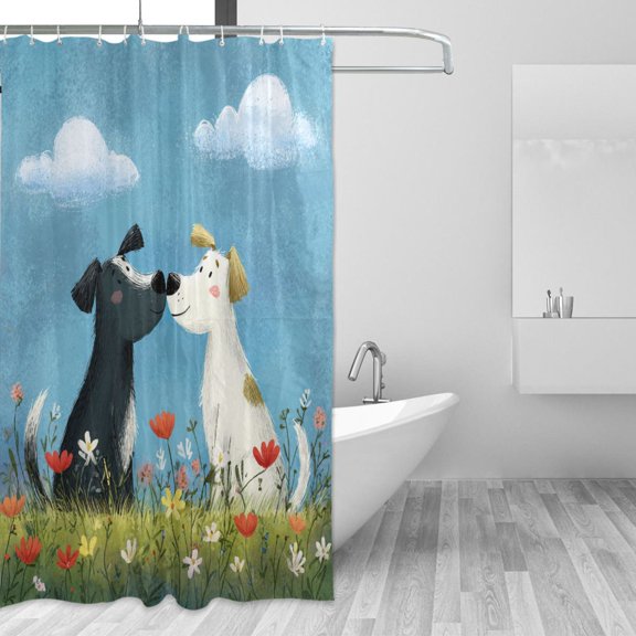 Valentine Two Cute Dogs Kiss Cartoon Vector Shower Curtains with 12 Hooks Waterproof Bathroom Decor 66" x 72"