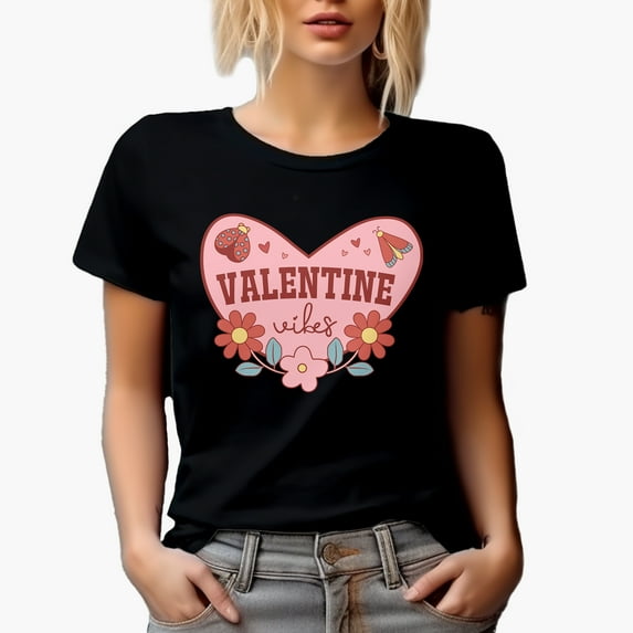 Valentine Vibes with Flowers & Lady Bug, Retro Valentine's Day Gift, Black T-Shirt, Small