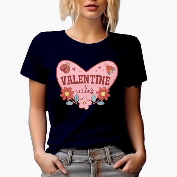 Valentine Vibes with Flowers & Lady Bug, Retro Valentine's Day Gift, Navy Blue T-Shirt, Small