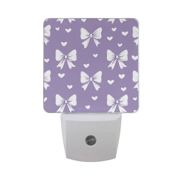 Valentine White Bows Hearts Lavender Background LED Night Light Sensor Lamp Plug-in Adjustable Brightness 2 Pack