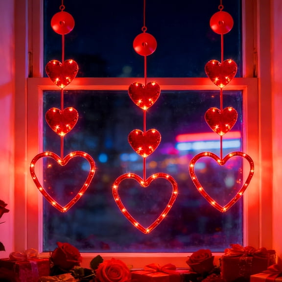 Valentine Window Lights 3 Pack, Battery Operated LED Heart Decor with Suction Cups