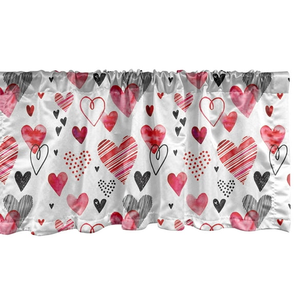 Ambesonne Valentine Window Valance, Vintage Heart Shapes Art, 42" x 18", White Black Pink