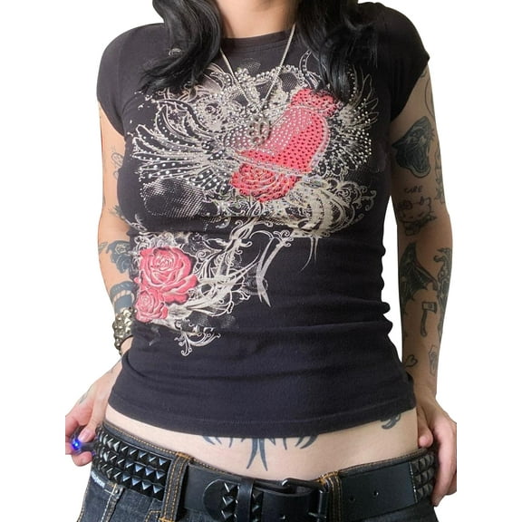 Valentine Women Heart Rhinestone Graphic Print T-Shirt Short Sleeve Retro Fairy Grunge 90s Goth Top