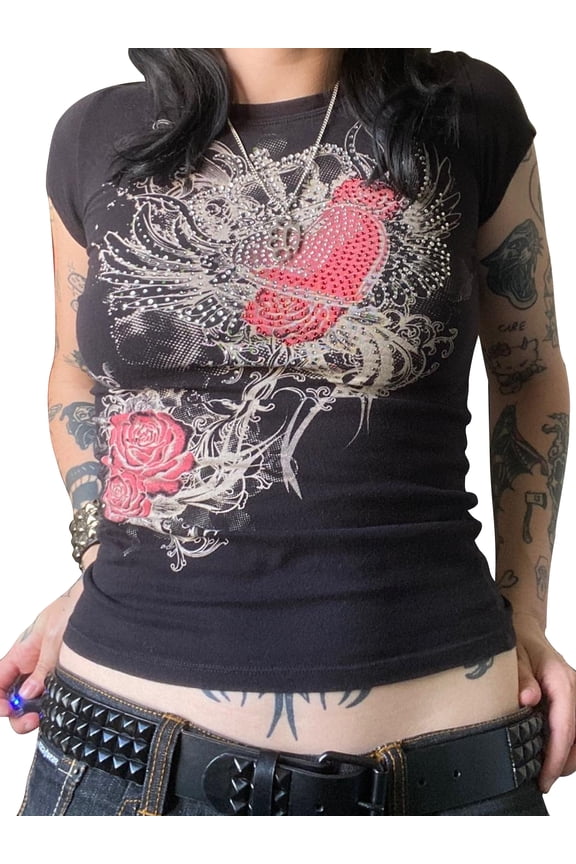 Valentine Women Heart Rhinestone Graphic Print T-Shirt Short Sleeve Retro Fairy Grunge 90s Goth Top