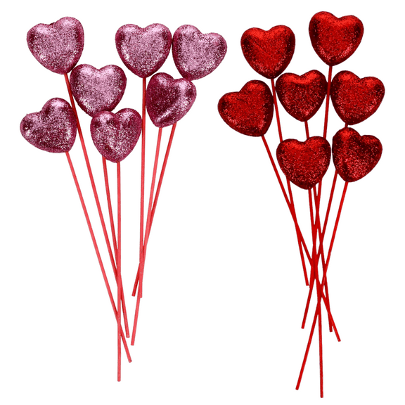 Valentine Wooden Glitter Foam Heart Picks for Valentines Day Wedding Birthday Home Kitchen Party Favor Centerpiece Flowerpot Floral Stick Pick Decoration DIY Craft Supply Gift Set of 2 Packs, 14 count