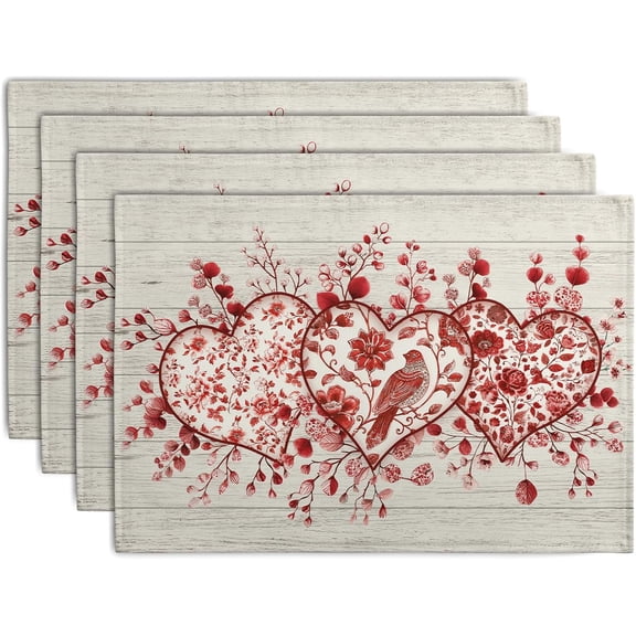 Valentine Wooden Heart Placemats Set of 4, 12x18 Inch Valentines Chinoiserie Red Floral Dining Table Placemats Heat Resistant Washable Table Mats for Kitchen Dining Holiday Indoor