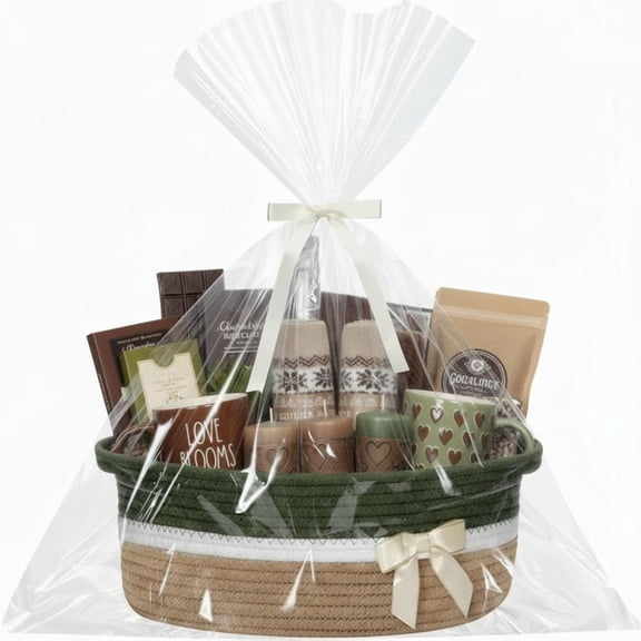 Valentine Woven Gift Basket Empty with Ribbons Bow Tie and Bag, Valentine's Day Empty Decorative Chest Box, Woven Rope Storage with Handles Home Decor(14 x 10 x 5.5 Inch,Green Khaki)