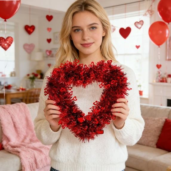 Valentine Wreath Glitter Red Tinsel Love Heart Shaped Garland Hanging Decorations for Valentine's Day Wedding Anniversary Front Door Window Wall Mantel Birthday Party Decor (Red)