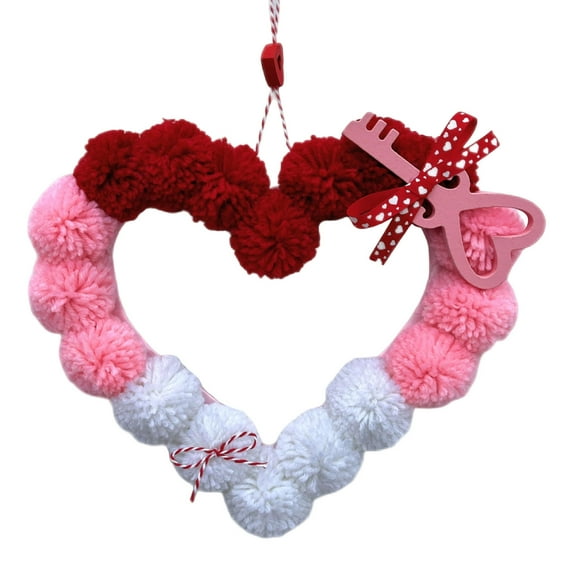 Valentine Wreath Ornaments Pom Pom Hearts Red Pink White Fluffy Decoration Wall Hanging Door Decor Valentine Decorations for Home