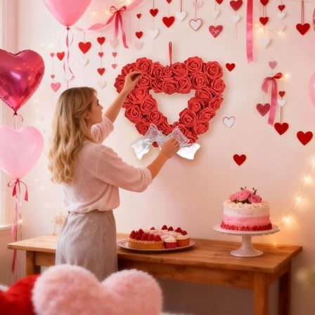 Valentine Wreaths Valentines Door Decor, Valentine's Day Heart-Shaped Wreath, Valentine's Day Wall Decorations, Valentine Mantle Wreath Red Flower Wreath