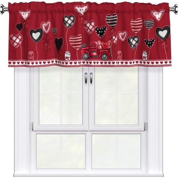 Valentine&amp;apos;s Day Red Truck Kitchen Valance Curtain 54x18, Valentines Love Heart Curtain for Small Window Farmhouse Window Treatment Rod Pocket Cafe Valance for Living Room Bathroom Decor