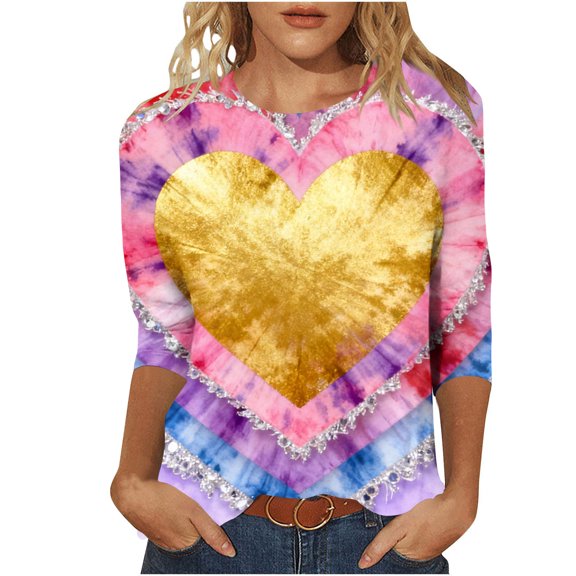 Valentine's 3/4 Sleeve Tops for Women Dressy Heart Printed Shirts Crew Neck Holiday Tunics Three Quarter Length Sleeve T-Shirt Cute Funny Outfits 2026 Summer Tops