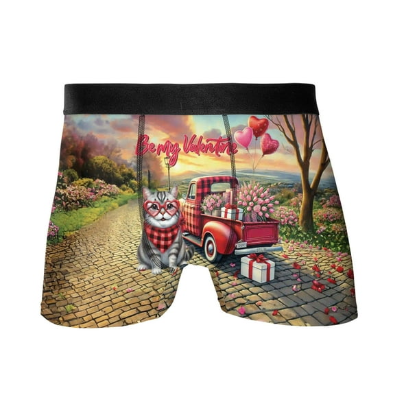 Be My Valentine's American Shorthair Truck Full of Love Flower Balloon All Over Print Boxer Briefs Underwear for Men Dad Cat Lover Kitten Owner Gifts - 02029