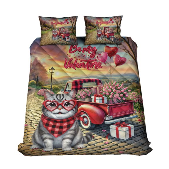 Be My Valentine's American Shorthair Truck Full of Love Flower Balloon Quilt Bedding Set Cat Lover Kitten Owner Gifts 1 Blanket Bed Cover 2 Pillowcases - 02029